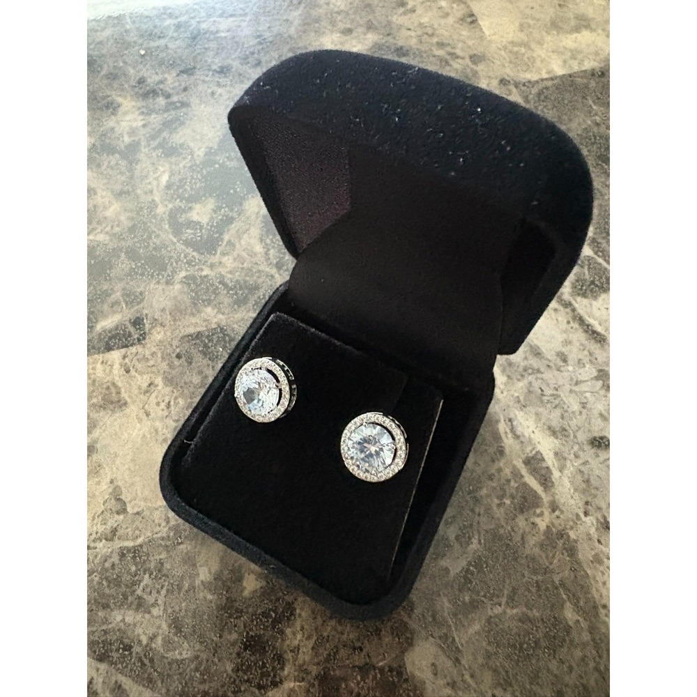 Silver Tone Round Halo Cubic Zirconia Stud Earrings Brilliant Cut Pave Border - Picture 7 of 14